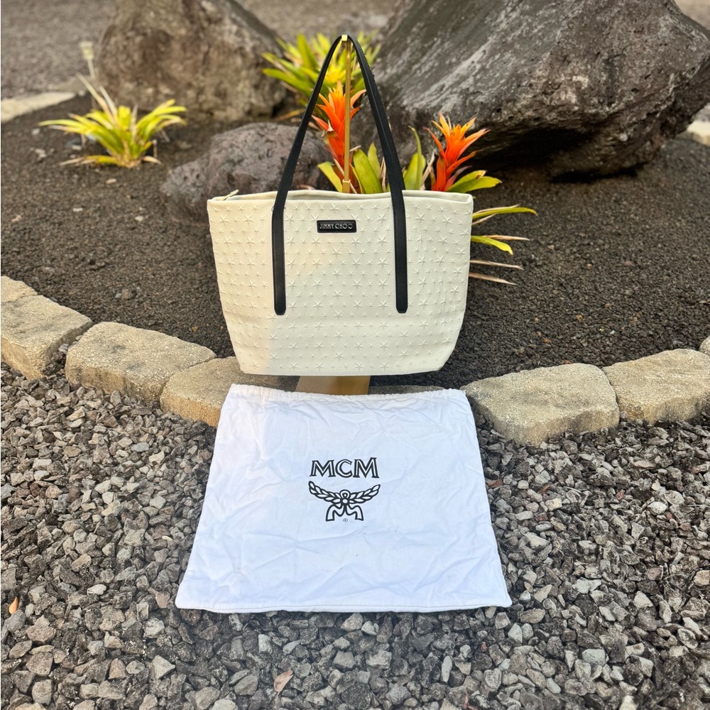 Jimmy Choo White Star Embossed Leather Tote Bag Black Handles Made in Italy - Picture 9 of 16
